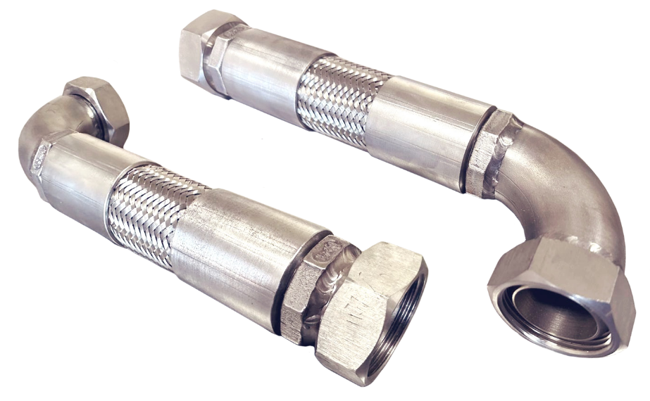 Close-up of straight and angled end fittings on braided PTFE hoses